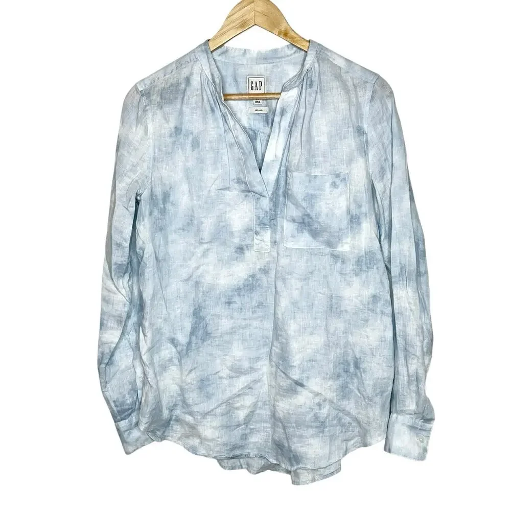 Gap Linen Tie Dye Shirt Blue Womens XS Watercolor Pastel Coastal Beach